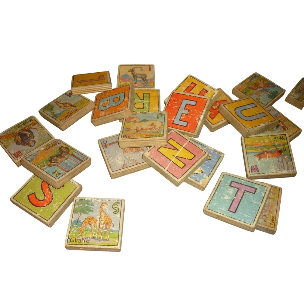 Antique Wood Alphabet Animal Spelling Tiles in Dovetailed Wooden Box Incomplete
